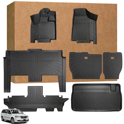 Floor Mats Full Set for Dodge Grand Caravan 2008-2021 & for Chrysler Town & Country 2008-2016(ONLY Stown Go) TPE All Weather Protection Custom Fit Floor Liners & Backrest Mat & Cargo Liner