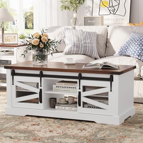 VOWNER Mesa de Centro, Mesa Centro Salon, Sala de Estar Rústica Rectangular Moderna, con Espacio de Almacenamiento Oculto y Estantes Ajustables, Estilo Granja, Nogal