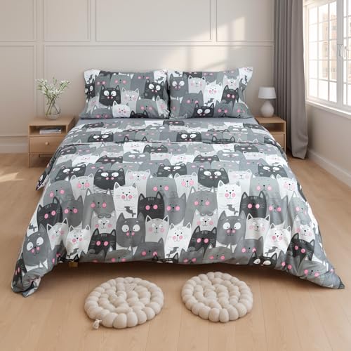 H HANSEL HOME Funda Nordica Cama 105 de 3 Piezas Transpirable Suave al Tacto 100% Microfibra, Funda Edredón 180x220cm, Bajera 105x200cm con 1 Funda de Almohada 50x130cm - Gatos