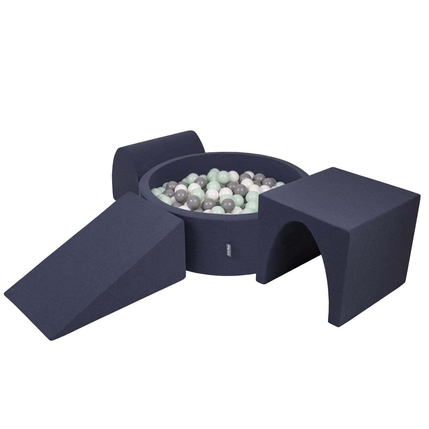 KiddyMoon Foam Playground For Kids With Round Ballpit (200 Balls ∅ 7Cm/2.75In) Soft Obstacles Course And Ball Pool, Darkblue:White/Grey/Mint