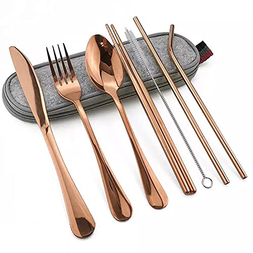 CherryBox Portable Utensils Flatware Set, Travel Camping Cutlery Set, 8-Piece Including Knife Fork Spoon Chopsticks Cleaning Brush Straws Portable Pouch, 304 Stainless Steel (Rose Gold)