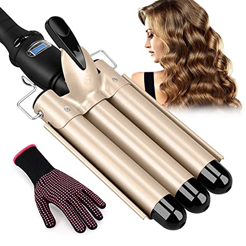 3 Barrel Curling Iron, Seniny 1 Inch Ceramic Hair Crimper for Women, Dual Voltage Three Barrel Hair Waver with LCD Temp Display, Temperature Adjustable Waver Iron, Portable Tourmaline Triple Barrels