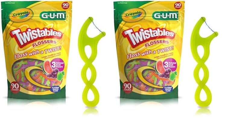 GUM Twistables - Hilo dental para niños con flúor, diseñado para manos pequeñas, tres divertidos sabores de frutas, palillos de hilo dental para