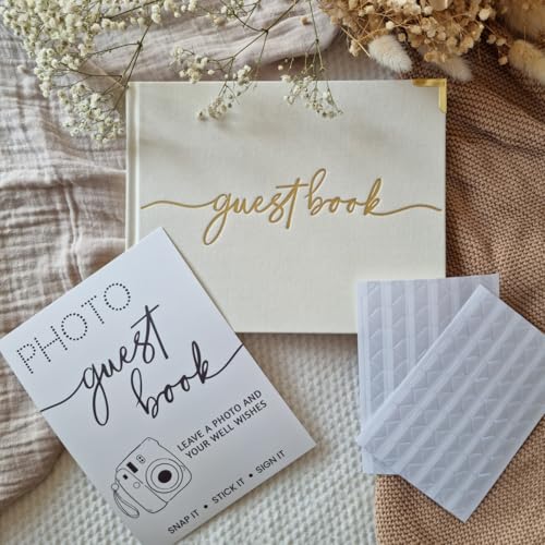 Olive & Lark Wedding Guest Book Linen with Sign Card and Photo Corner Stickers, Polaroid Wedding Guest Book for Wedding Reception or Birthday Guest Book for Party, Great Guestbook Wedding, Cream