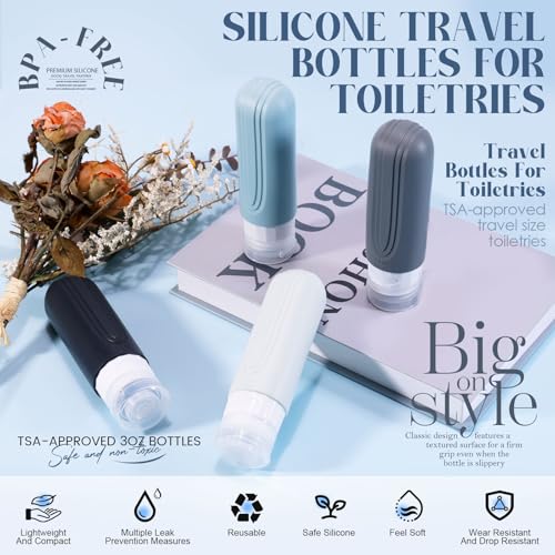 Travel Bottles for Toiletries, 3oz TSA Approved Travel Size Toiletries, Silicone Leak-Proof Refillable Containers, Squeezable Liquid Essentials Bottles W/Clear Bag（GRAY）2