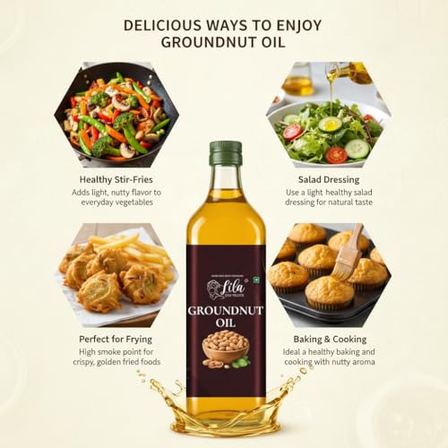Image of LILA DRY FRUITS Groundnut Oil 1 L (500 ML x 2) Cold Pressed Peanut Oil for Cooking Natural Moongfali ka Tel for Frying, Tadka & Daily Kitchen Use, Kacchi Ghani Cholesterol Free Ground Nut Oil Chemical-Free