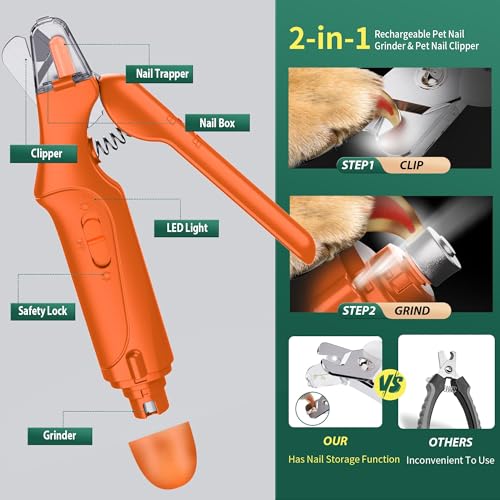 Image of 2 in 1 Dog Nail Clippers & Cat Nail Clippers Trimmers for Large Medium Small Dogs Cats Claw Trimmer Quick Sensor and Safety Guard USB Rechargeable Dogs Nail Trimmer with Catcher & 2 LED Lights