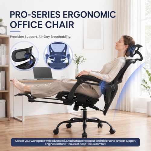 Image of MALOL Ergonomic Mesh Office Chair with Footrest, High Back Desk Chair with 5-Level Adjustable Lumbar Support, 3D Headrest, 130 Reclining Backrest, Adaptive Armrests, Home Office Computer Chair, Black