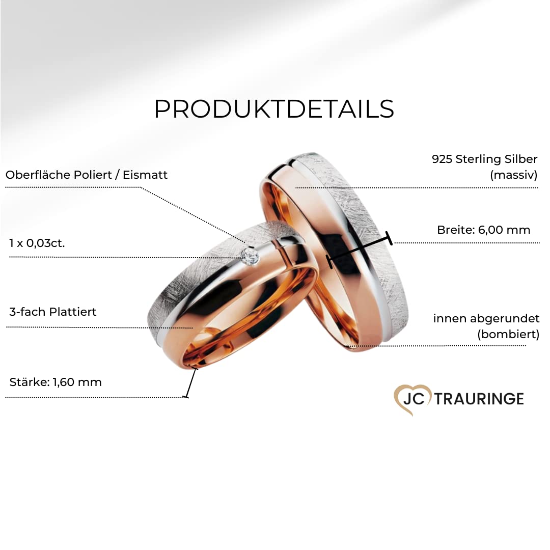 JC Trauringe 2 x Eheringe 925 Silber Rotgold Plattiert PAARPREIS inkl. Stein und Gravur Ehe-ringe Verlobungs-ringe Heiraten Wedding Rings Partnerringe Platin Gold Weißgold P914-R
