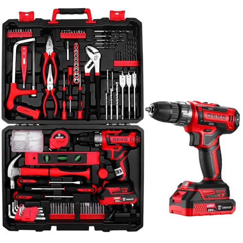 Cordless Drill Tool Kit Set: DEKO 20V Power Drill Tool Box with Battery Electric Drill Driver for Men Home Hand Repair Basic Toolbox Tools Sets Drills Case 186 Pieces(Red)
