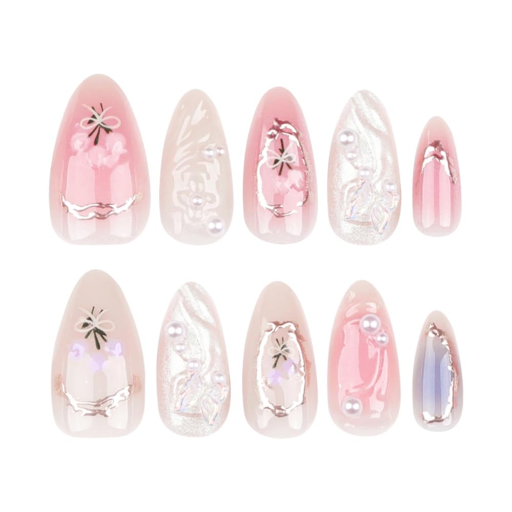 JUSTOTRY 24 Pcs Floral Almond False Nails Short,Press on Nails with 3D Sculpting Metallic Pattern,Glossy Fake Nails Medium for Nail Art,French Oval Pearls Stick on Nail for Women Gifts - Image 3