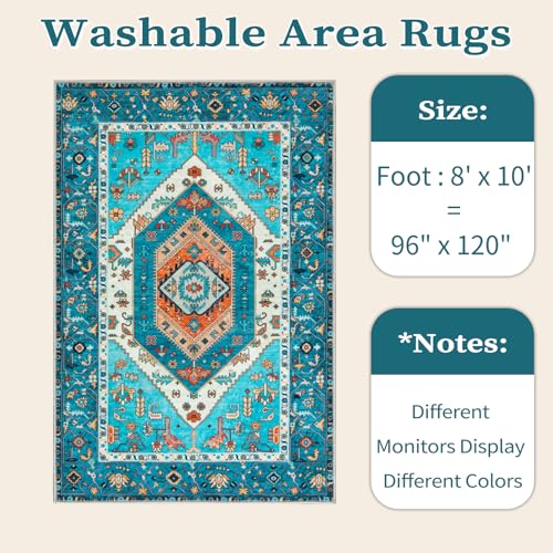 SERISSA 8x10 Area Rugs Blue, Washable Large Boho Rugs for Living Room, Ultra Soft Non-Slip Bedroom Rug Print Distressed Vintage Tribal Farmhouse Carpet Rug for Dining Room Dorm Office Home Decor