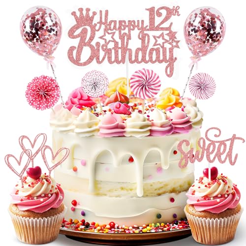 ZWWsullo Cake Decoration Rosegold 12 Años Niñas Niños Feliz 12º Cumpleaños Cake Topper Glitter Cake Topper Confetti Globos 12 Cumpleaños Cake Decoration Glitter CakeTopper