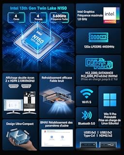 BMAX Mini PC W-11 PRO,Intel Twin Lake N150 (mise à niveau N95/N97/N100)12Go DDR5 RAM 512Go M.2 SSD, Mini Ordinateur de Bureau, Double écran/HDMI/Type-C/WiFi 5/BT 5.0, Tour PC pour école,Maison,Bureau