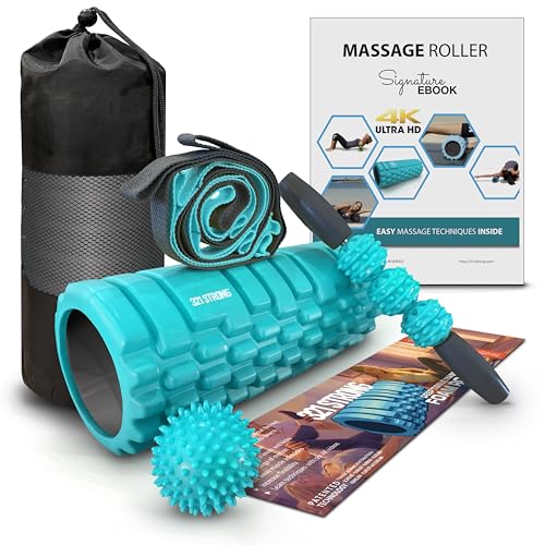 321 STRONG Foam Roller Set with: Hollow Core Roller, Muscle Roller Stick, Stretching Strap, Spikey...