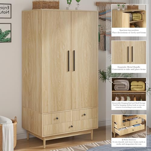 Mxtxmy Armoire Wardrobe Closet with 2 Fluted Doors,64.96" Wooden Clothes Storage Cabinet with Hanging Rod and Shelf Storage,Wardrobe Cabinet with 3 Drawers,Freestanding Closet for Bedroom (Natural) - Thumbnail 5