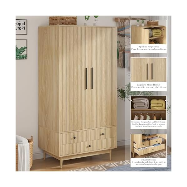   Armoire-Wardrobe-Closet-with-2-Fluted-Doors6496-Wooden-Clothes-Storage-Cabinet-with-Hanging-Rod-and-Shelf-StorageWardrobe-Cabinet-with-3-DrawersFreestanding-Closet-for-BedroomNatural