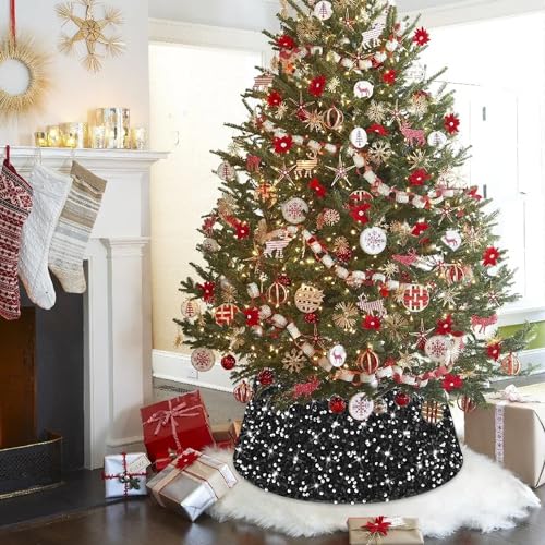 FANPROMS Black Christmas Tree Collar 23.6 Inch Diameter Base Glittery Sequins Xmas Tree Ring for Rustic Artificial Trees Skirt Basket Tree Collar Thick Velvet Tree Cover Supply for Christmas Decor