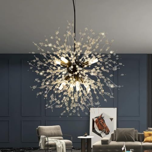 IDHBGJD Moderne Kristall-Kronleuchter, Feuerwerk-Kristallleuchte, Löwenzahn-Kronleuchter für Wohnzimmer, Esszimmer, Foyer, Flur, Eingangsbereich, Küche, Schlafzimmer, Schwarz, 12 Lichter