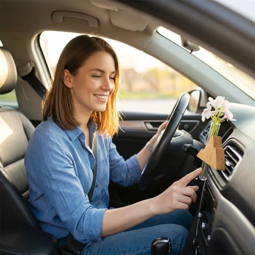 Image of Little Glass Flower Vase Air Vent Clip, Wooden Stand Car Aroma Diffuser, Car Air Vent Decor Plant Holder, Auto Interior Decorations (Beech Peak)