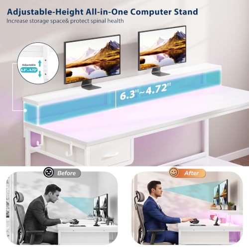 Image of DurayLoly 55 inch Computer Desk with Power Outlet & Fabric Drawer,White