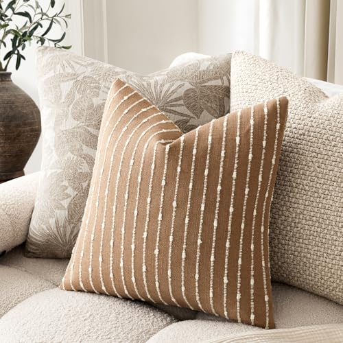 Image of Foindtower Pack of 2 Decorative Jacquard Boucle Throw Pillow Covers Accent Textured Striped Pillowcases Soft Boho Modern Cushion for Couch Sofa Bedroom Living Room Home Decor 20x20 Inch Rust Tobacco