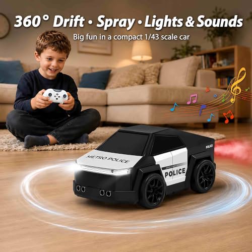 Image of PLUSPOINT 2.4GHz RC Drift Car with Spray Effect | Rechargeable Remote Control Racing Police Car with LED Lights, Smart Follow & Escape Modes | Mini Drift Vehicle Toy for Kids Age 3+