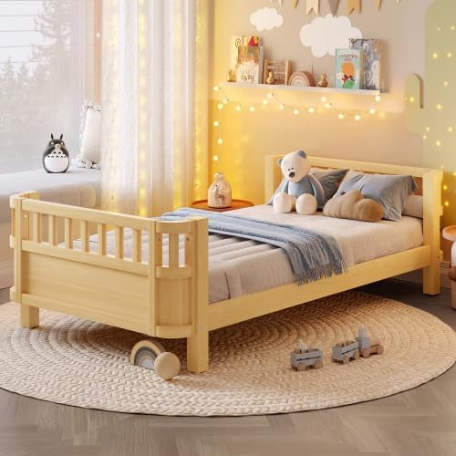 Harper & Bright Designs Twin Size Kids Bed with Detachable Fence and Guardrails, Wooden Twin Platform Bed Frame, Low Profile & Rounded Corners Design for Boys & Girls, Natural