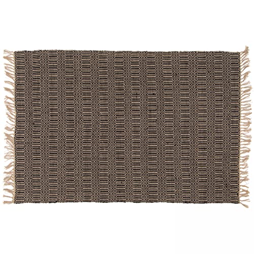 Oviala Teppich mit Fransen aus Jute, Natur, handgewebt, Schwarz, 80 x 200 cm