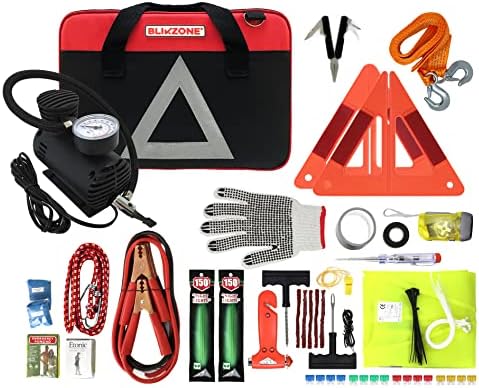 BLIKZONE Roadside Emergency car kit Classic. 81 Pc Emergency car kit: Portable Air Compressor, Jumper Cables, Tire Repair Kit and All The Essential Tools, car Accessories and Stuff to Drive Safe
