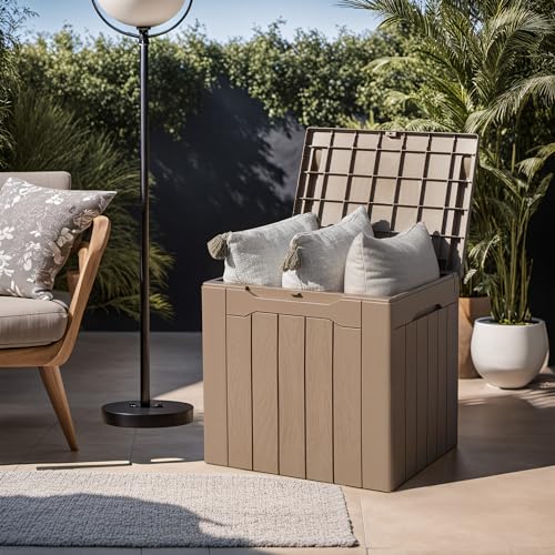 Image of Devoko 31 Gallon Waterproof Outdoor Storage Box Resin Deck Box Lockable and UV Resistant for Patio Furniture,Garden Tools (Light Brown)