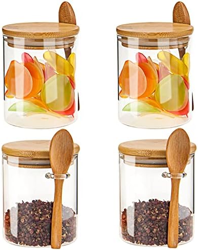 NEPIVEL 4 Pack Glass Jars with Bamboo Lids, 18.5Oz Glass Containers with Airtight Bamboo Lid and Spoons,100% Sealed Glass Spice Jars for Candy Coffee Beans Sugar Nuts Cookies,540ml