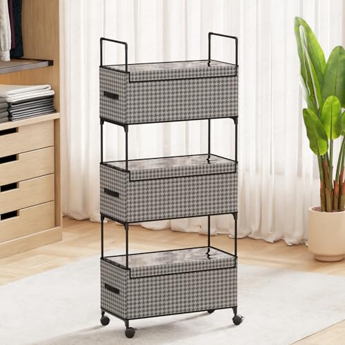 Image of Lukzer 3-Tier Clothes Organizer Basket with Wheels | Fabric Closet Storage Rack for Folded Clothes | Metal Rolling Wardrobe Shelf for Bedroom Closet & Laundry Room (Black & White /28x57x136 cm)