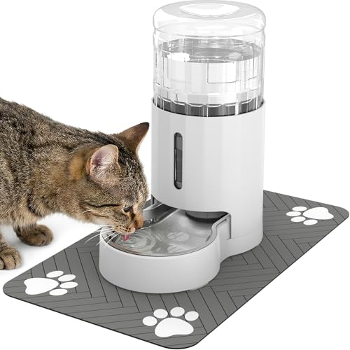 Cat Water Dispenser with Placemat and Stainless Steel Bowl, Automatic Gravity Water Dispenser for Cats or Small Medium Size Dogs, Large Capacity, Easy