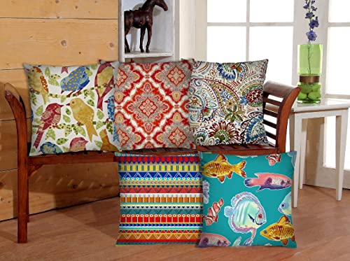 Image of RD TREND Jute Cushion Covers 16x16 Inch - Set of 5 | Digital Printed Decorative Throw Pillow Covers for Sofa, Couch, Living Room & Bedroom | Cushion Cases (Without Fillers)-Sparrow