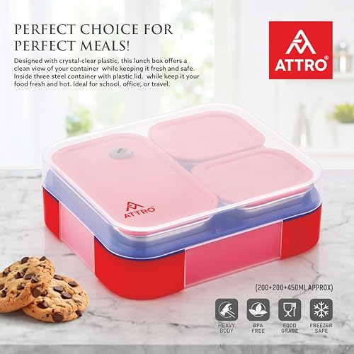 Image of ATTRO Prime Admire 3 Lunch Box with Sipstar Water Bottle, School Tiffin Combo-Green Red