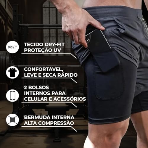 Kit 2 Short Masculino Academia 2 em 1 Bermuda Dry Fit Corrida Treino com Bolso Celular INSIDE SPORTS