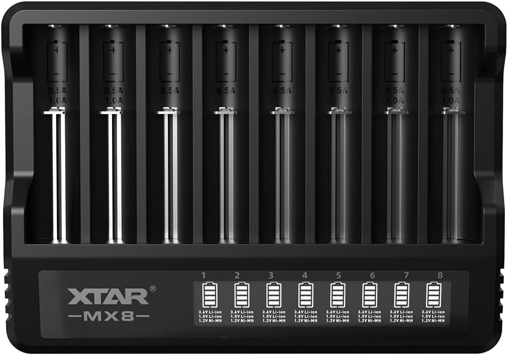 XTAR MX8 Multi-Bay Smart Charger - 8-Slot Universal Charger for 3.7V Li-ion, 1.2V Ni-MH & 1.5V Li-ion Batteries (21700, 18650, AA, AAA) - No Battery & Adapter