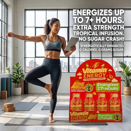 Image of Vitamin Energy Tropical Infusion Extra Strength Energy Shot, 10 Pack - Up to 7 Hrs, 260mg Natural Caffeine, Zero Sugar - BCAAs + CoQ10, Focus Support, B12 B6 Niacin, 1.93 fl oz, Keto Vegan