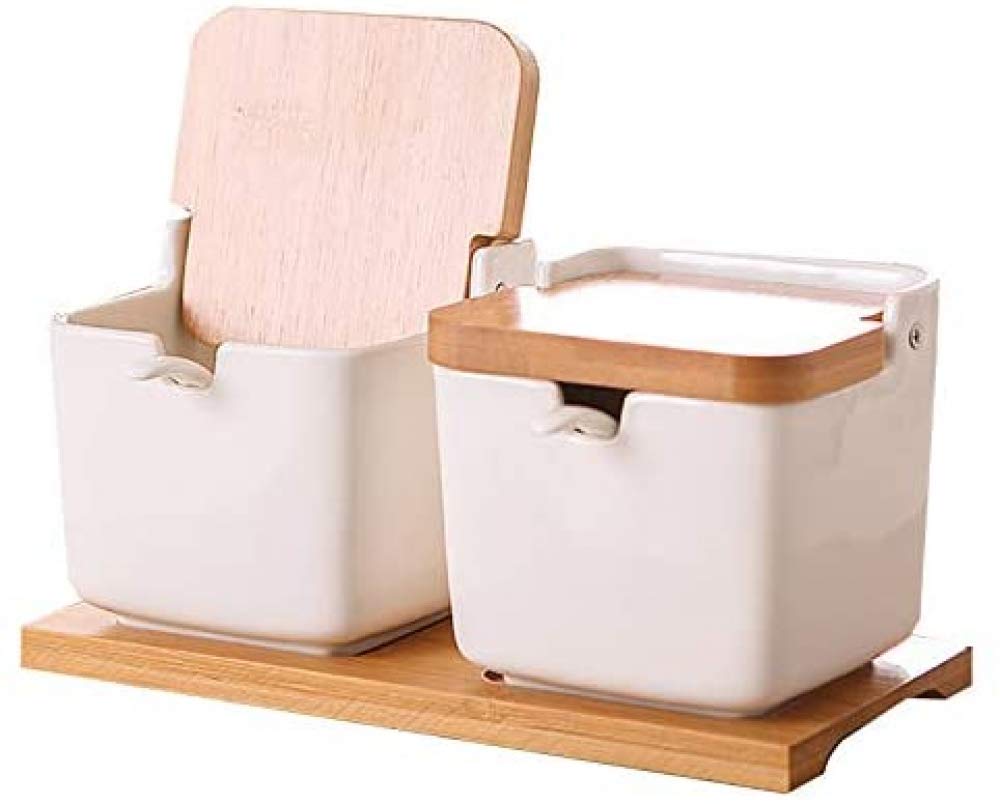 Zuccheriera con Coperchi e Cucchiai, Zuccheriera in Ceramica con Base in Legno, Portaspezie da Cucina-2-piece suit