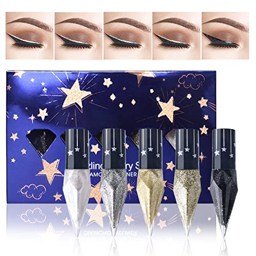 Erinde Delineador de ojos con purpurina, set de delineador de ojos líquido con purpurina, oro metálico y diamantes brillantes, kit de maquillaje para ojos de larga duración, sombra de ojos líquida con