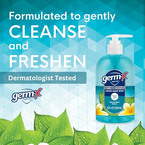 Germ-X Antibacterial Hand Soap, Moisturizing Liquid Hand Wash for Kitchen or Bathroom, pH Balanced & Dermatologist Tested, Back to School Supplies, Spring Rain, 12 oz Pump Bottle (Pack of 4)