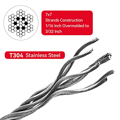 304 Stainless Steel Black Vinyl Coated Wire Rope,1/16 Inch Overmolded To 3/32 Inch,With Cutter 7X7 Strands Construction,String Lights Hanging,Outdoor Light Guide Wire,Fence,300Feet #TOP1