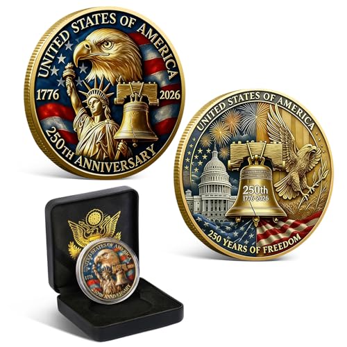USA 250th Anniversary Commemorative Coin 1776-2026 with Premium Gift Box, America 250 Collectible Coin with American Eagle & Liberty Bell America 250 Merchandise