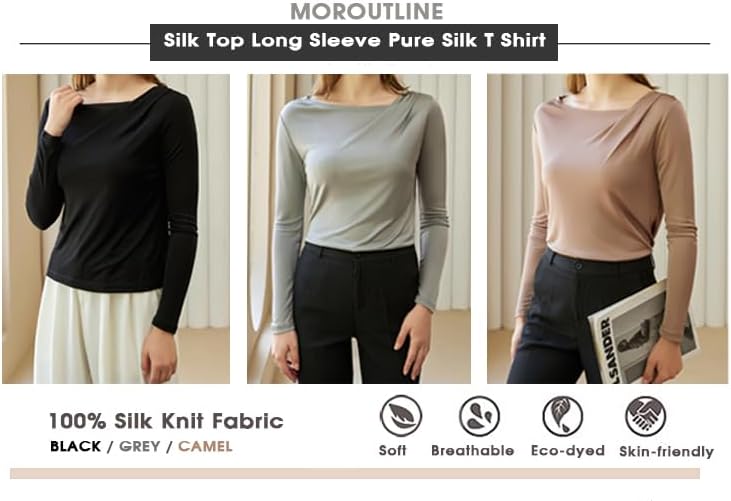 Women's Silk Top Long Sleeve Pure Silk T Shirt Breathable Thermal Undershirt Ultra Soft Silk Blouse - Image 7
