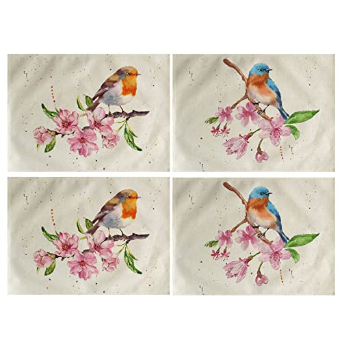 Watercolor Painting Placemats Birds On The Tree With Spring Pink Flowers Decorative Table Mats Waterproof Heat Resistant Washable Non-Slip Place Mats For Dinner Room Kitchen Decor Table 12”×16” #TOP14