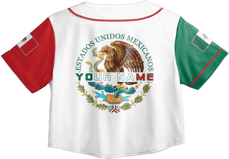 Personalized Mexico Crop Top Baseball Jersey Shirt, Mexican Flag Jersey, Mexicano Jersey for Women Mexican Pride