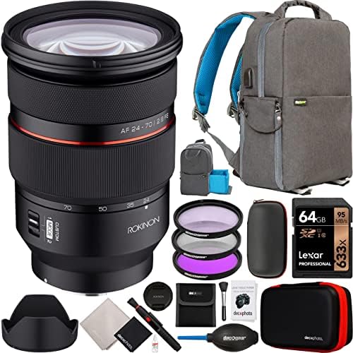 Rokinon 24-70mm F2.8 AF Zoom Lens for Sony E-Mount Full Frame Mirrorless Cameras (Model IO2470AFZ-E) Bundle with Deco Gear Photography Backpack + UV CPL FLD Filter Kit and Accessories