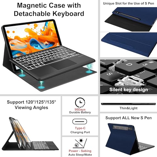Image of Keyboard Case for Samsung Galaxy Tab S10 Ultra / S9 Ultra / S8 Ultra 14.6 inch, 7 Colors Backlit, Wireless Detachable Bluetooth Keyboard with Multi-Touch Trackpad, Smart Protective Cover S Pen Holder