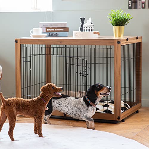 Ylovecl Wooden Dog Crate Furniture With Sliding & Fixable Tray, Dog Crate End Table For Medium Dog, Furniture Style Dog Kennels Indoor - Light Brown, 37.4L*25.9W*25.8H #TOP1